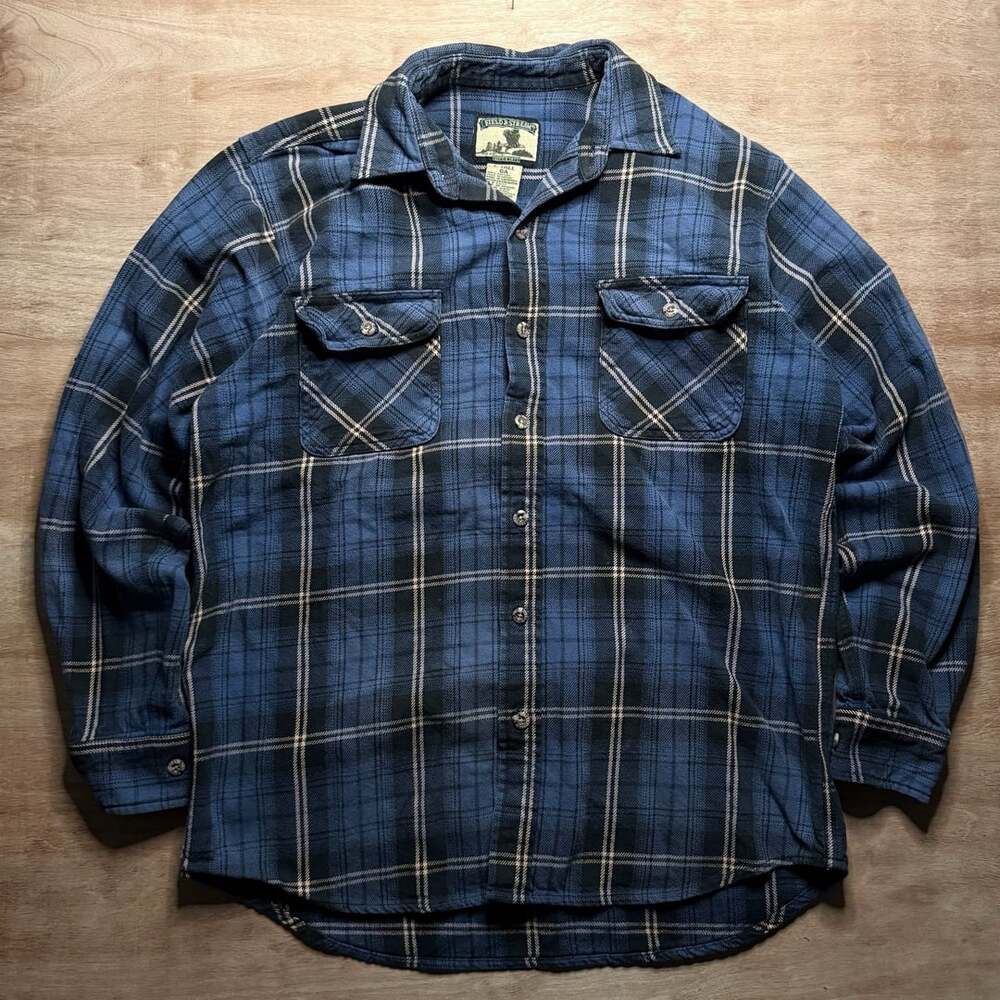 Vintage Field & Stream L Tall Blue Plaid Heavy Flannel Shirt 100% Cotton